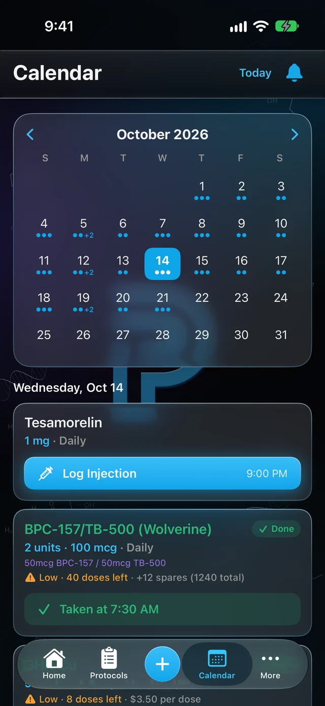 The Calendar for October with dots on each day, and below it today's doses: Tesamorelin with a Log Injection button and BPC-157/TB-500 marked Taken at 7:30 AM
